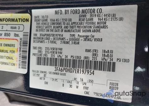 2014 Ford Fusion Se из США, поврежденный, VIN 3FA6P0HD7ER197954